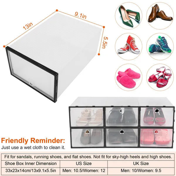 Collapsible Stackable Shoe Storage Boxes – 6PCS Transparent Organizer