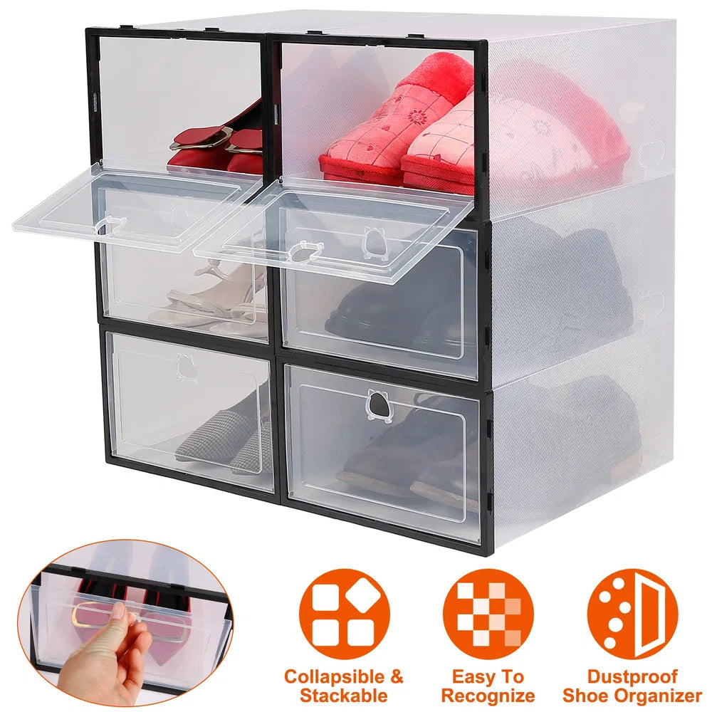 Collapsible Stackable Shoe Storage Boxes – 6PCS Transparent Organizer