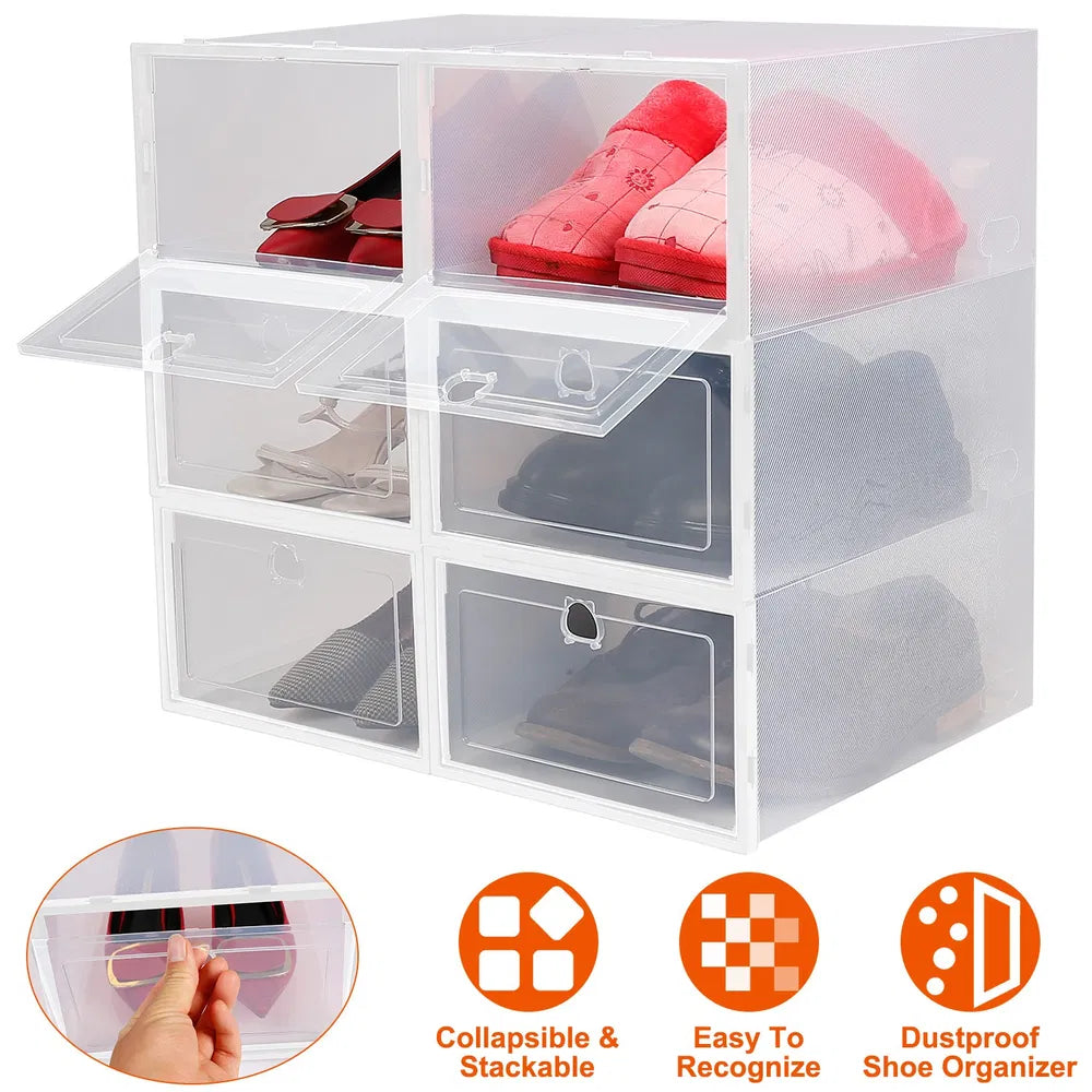 Collapsible Stackable Shoe Storage Boxes – 6PCS Transparent Organizer